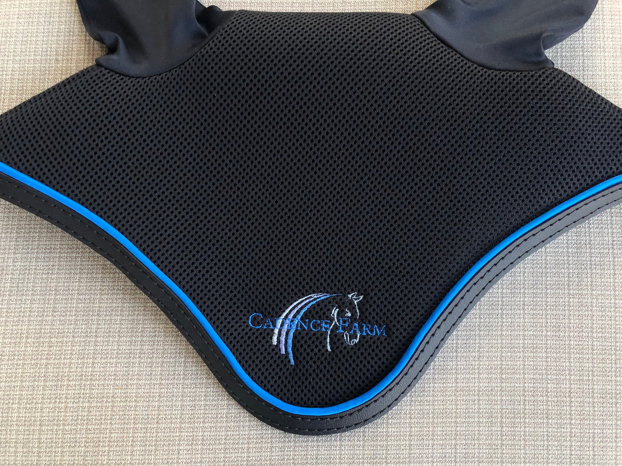 Black Round Bonnet with Blue Piping and Embroidery