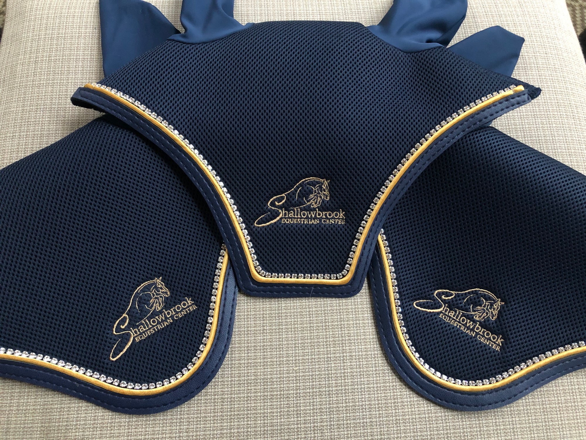 Navy Blue Bonnets with Gold Piping, Crystals, and Embroidery