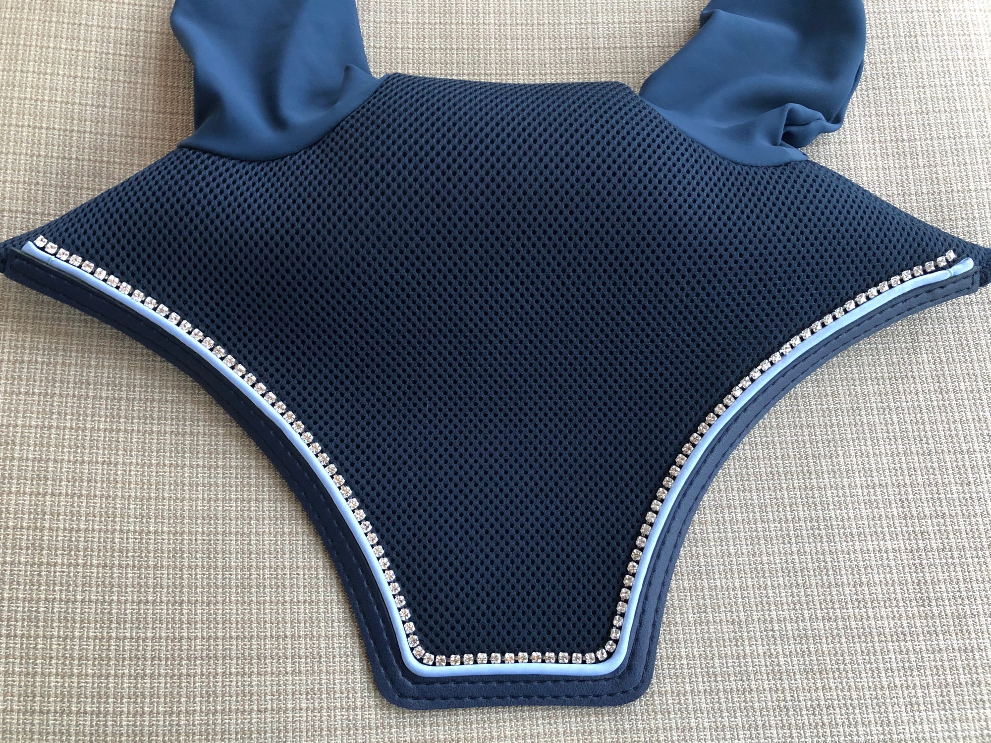 Navy Bonnet with Light Blue piping and crystals