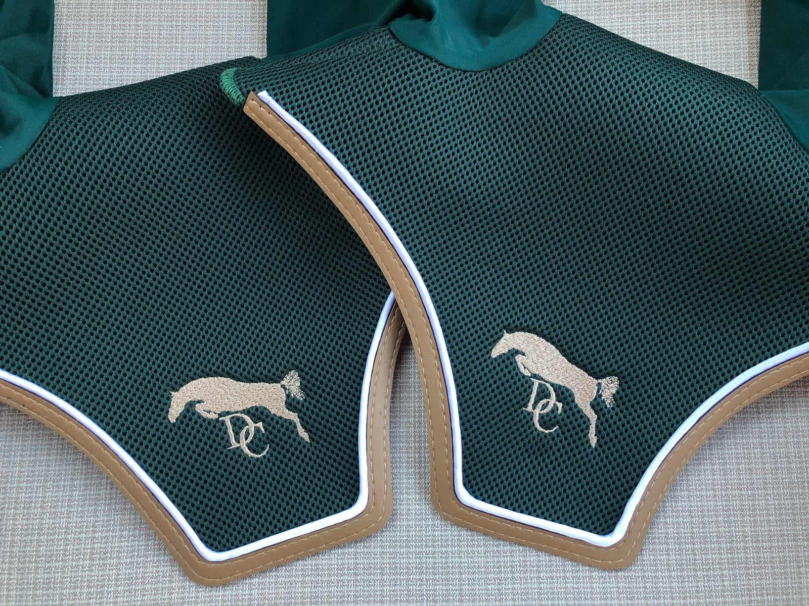 Hunter Green Bonnets with Tan trim, white piping and embroidery