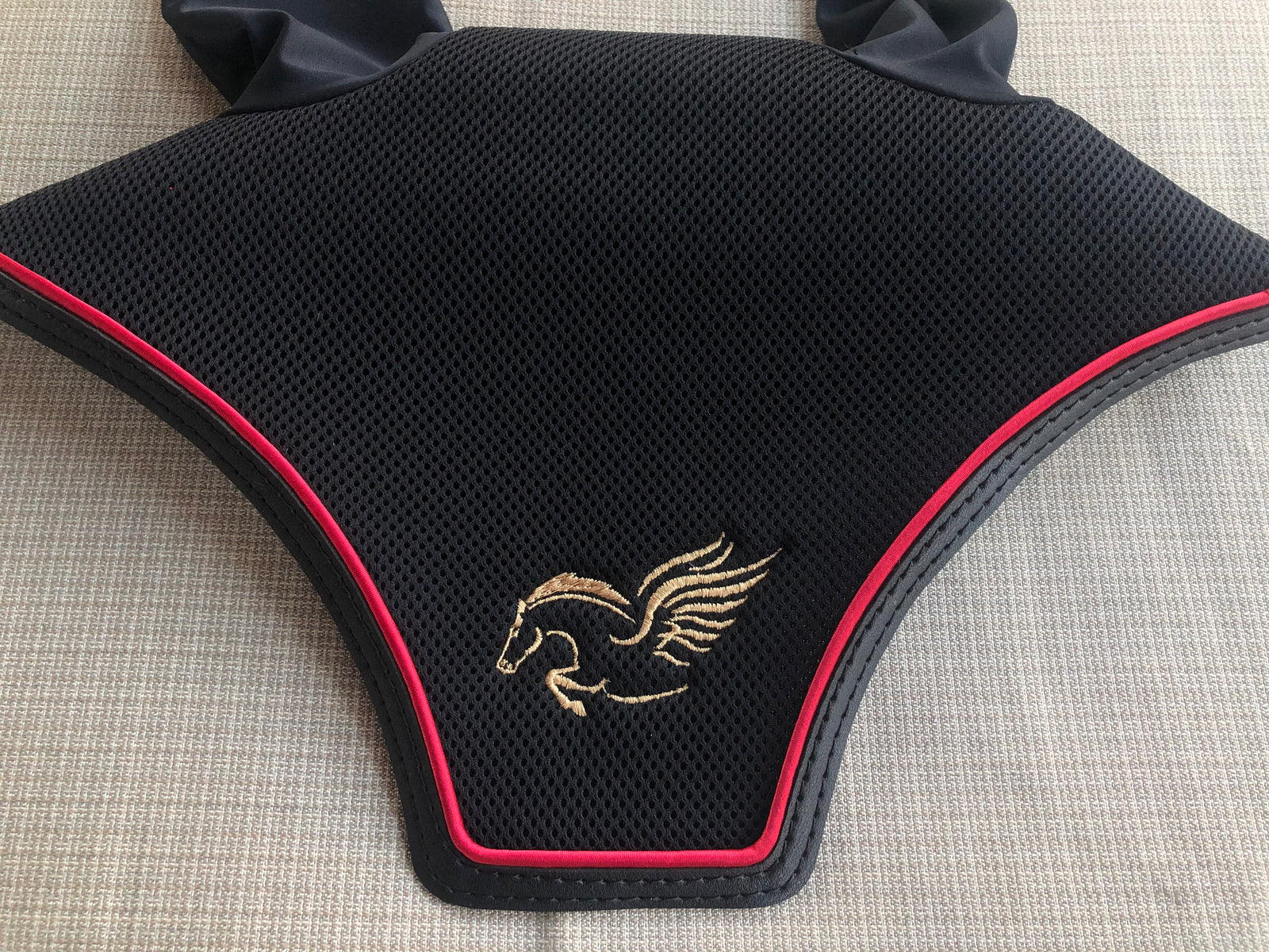 Black Bonnet with red piping and embroidery