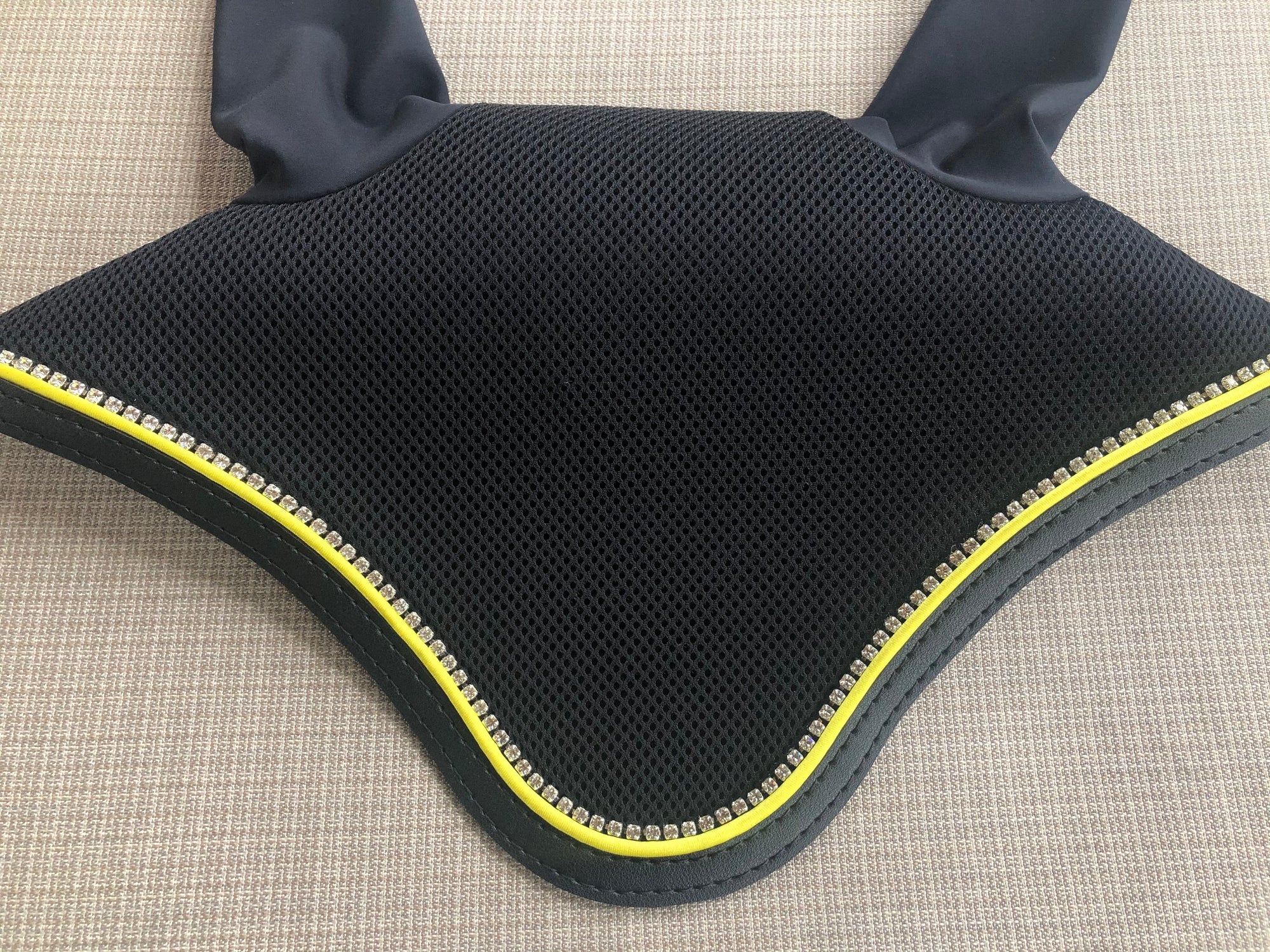 Round Black Bonnet with yellow piping and Crystals